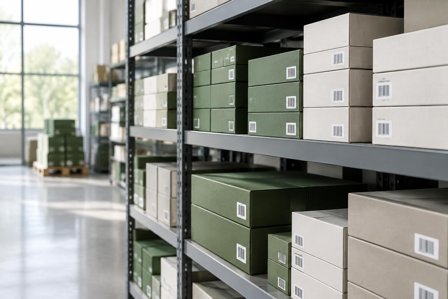 Green and neutral product cartons organized on warehouse shelving