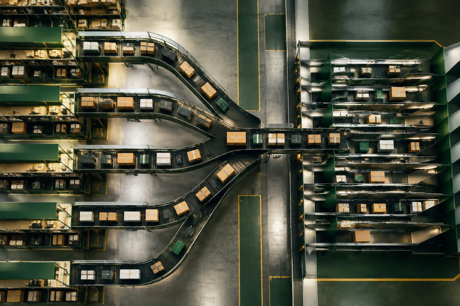 Overhead view of parcels moving through branching warehouse conveyor lanes