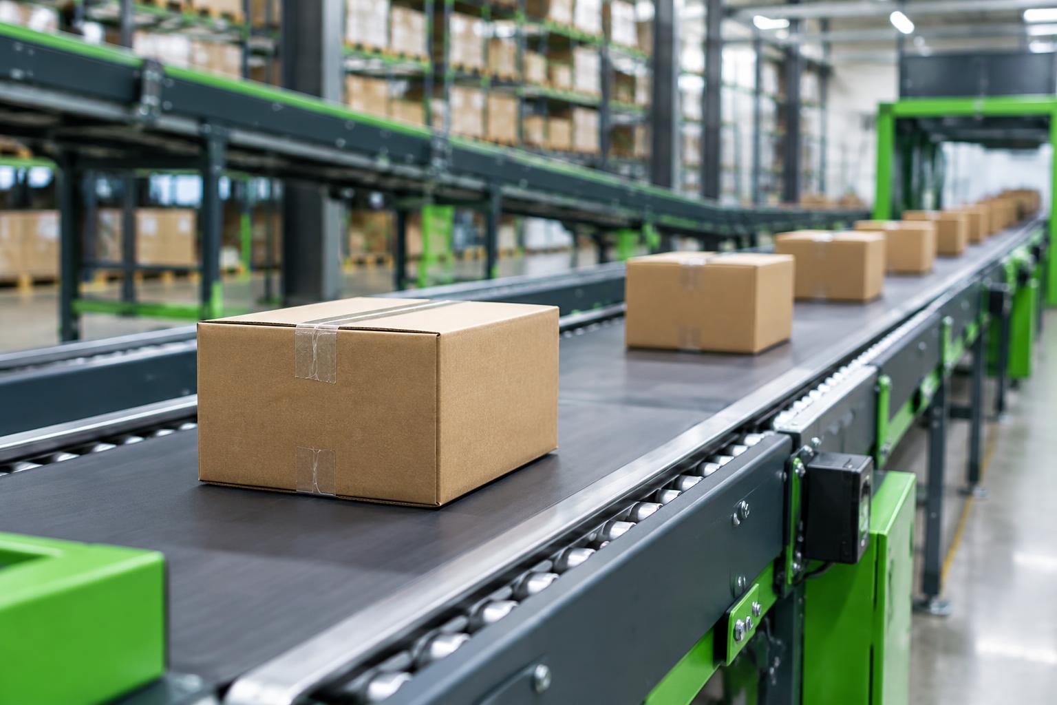 Unbranded parcels moving along a fulfillment-center conveyor
